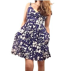 American Eagle Cotton Blue Ivory Flowy Skirt Pockets Floral Straps Lined Dress 6